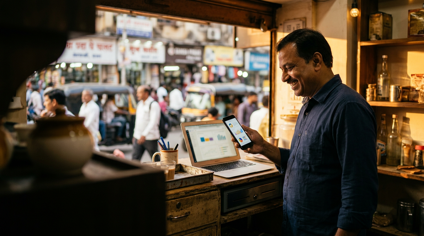 A shop owner smiling at his phone, checking his business analytics
